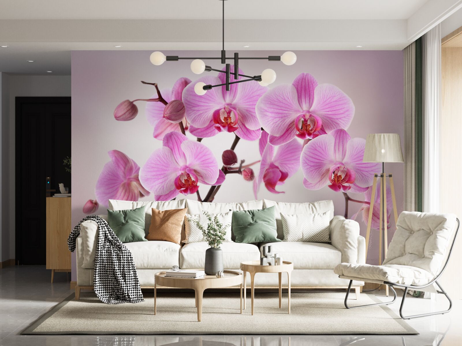 Carta da parati sull'acqua pendono i rami di un'orchidea lilla