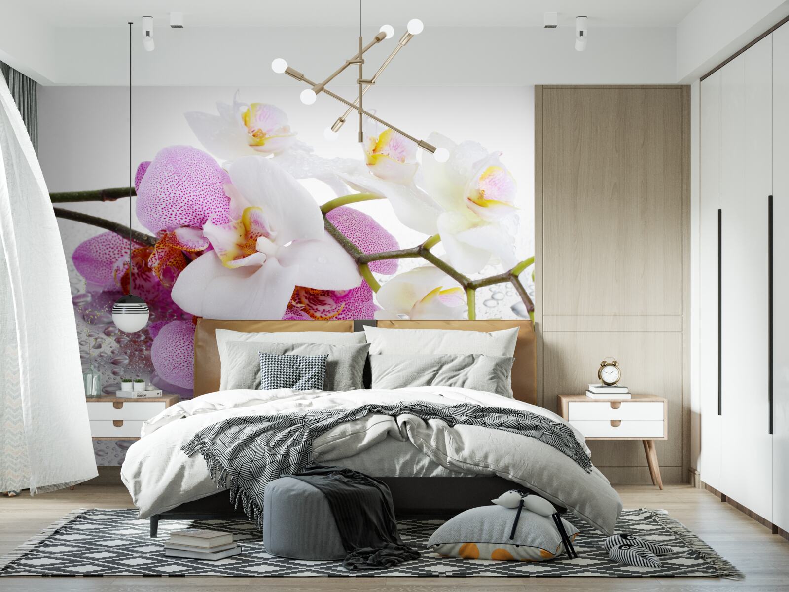 Fototapeta krople rosy na gałęziach białej i liliowej orchidei