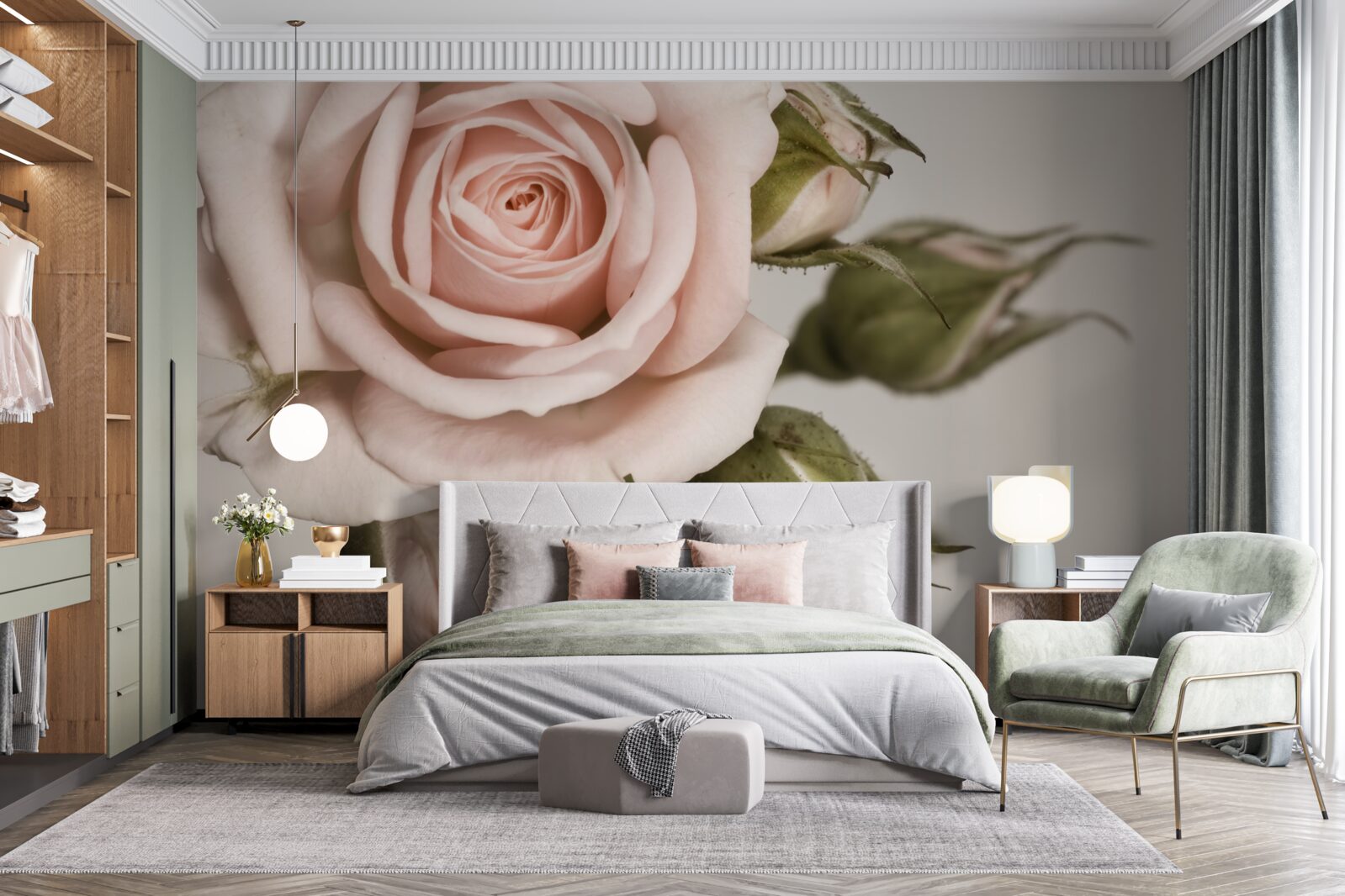 Carta da parati il bocciolo di rosa chiara si staglia sullo sfondo grigio