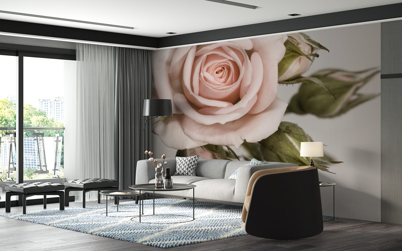 Carta da parati il bocciolo di rosa chiara si staglia sullo sfondo grigio