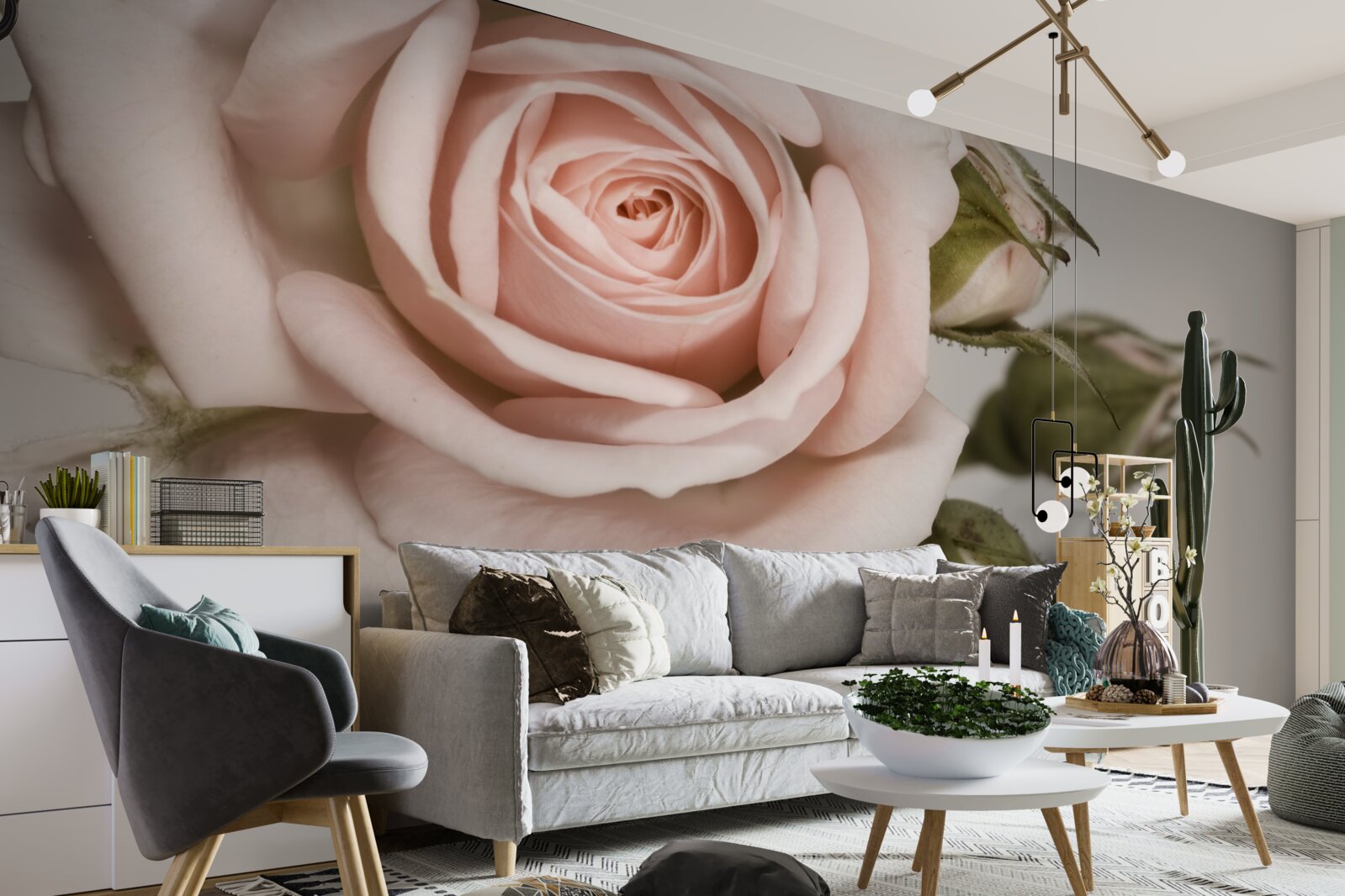Carta da parati il bocciolo di rosa chiara si staglia sullo sfondo grigio