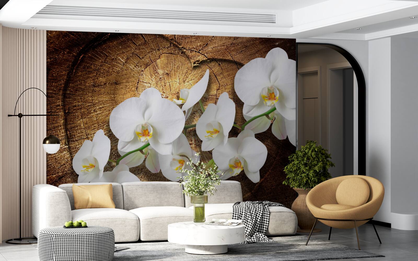 Carta da parati Orchidea bianca come la neve su un tronco d'albero tagliato