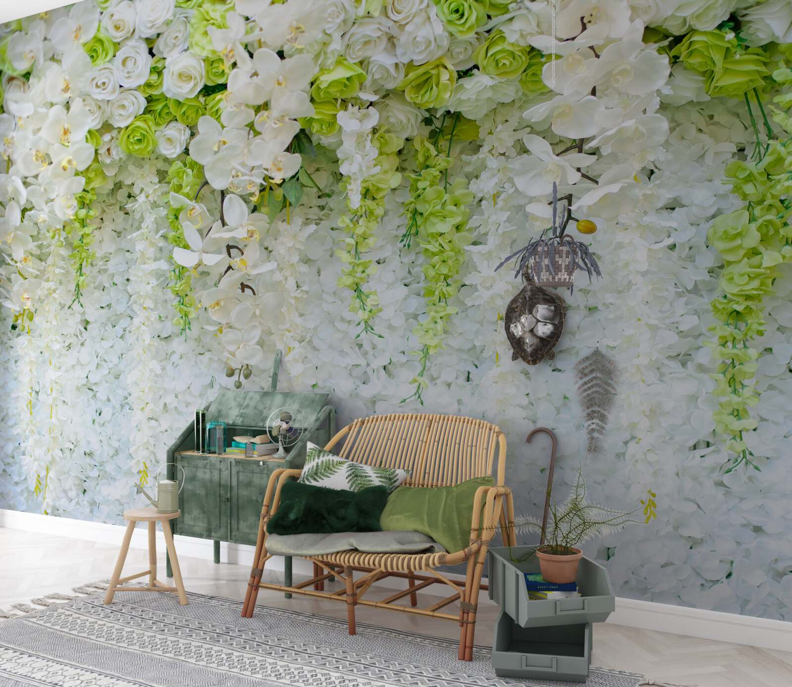 Fototapeta białe orchidee pokryły ścianę kwiatowym dywanem
