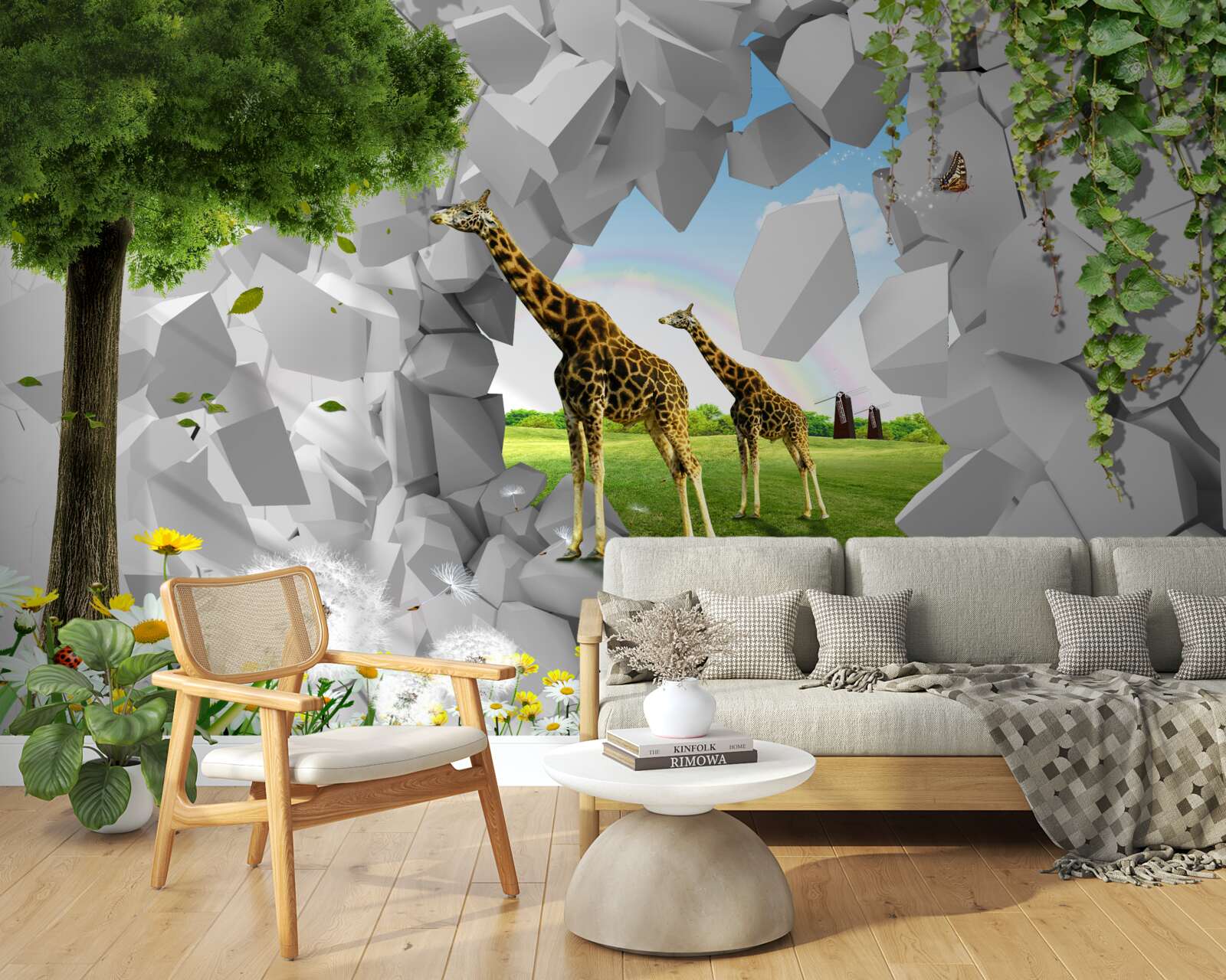 Carta da parati in natura, le giraffe tentano di raggiungere gli alberi