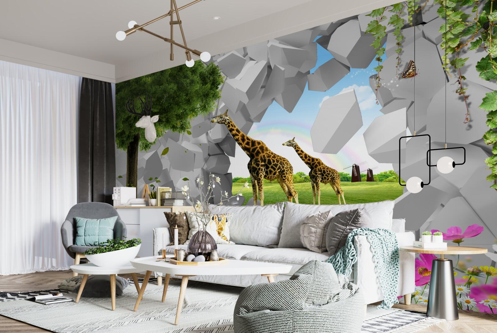 Carta da parati in natura, le giraffe tentano di raggiungere gli alberi