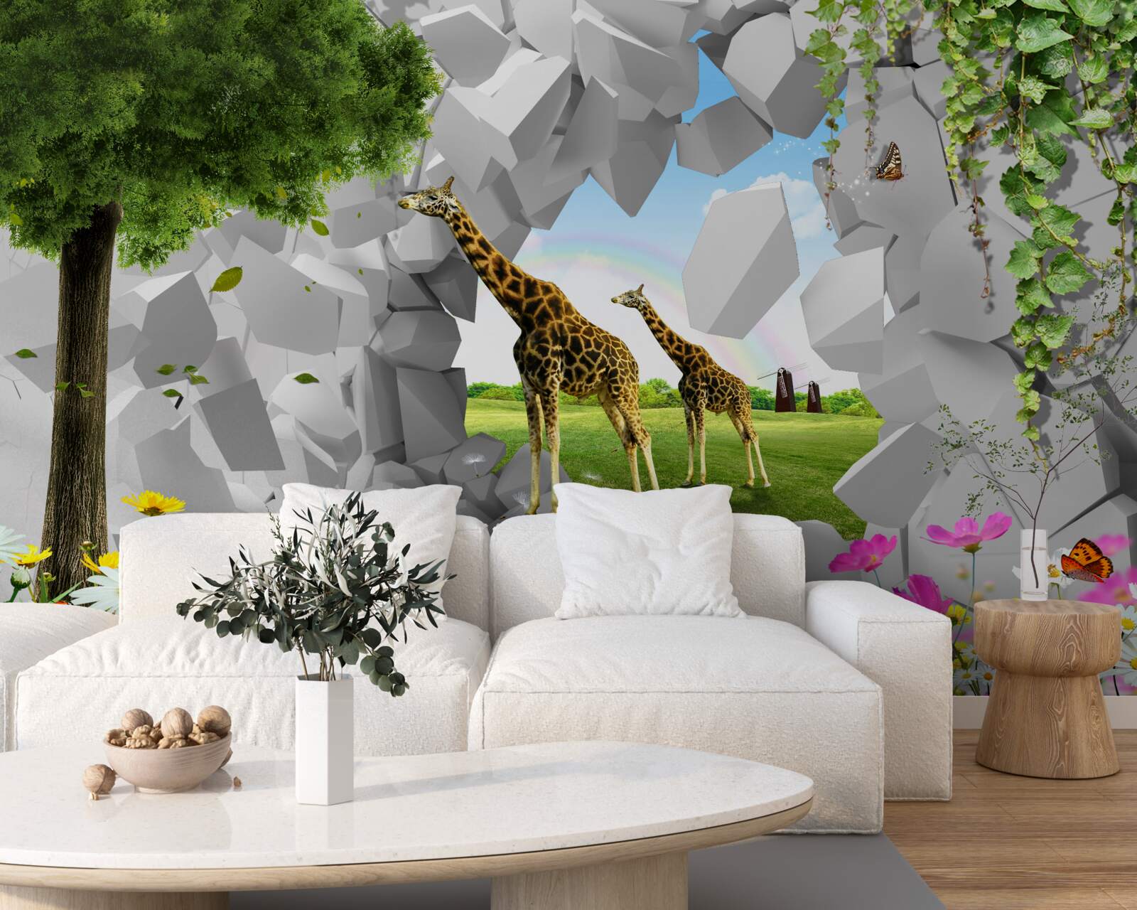 Carta da parati in natura, le giraffe tentano di raggiungere gli alberi