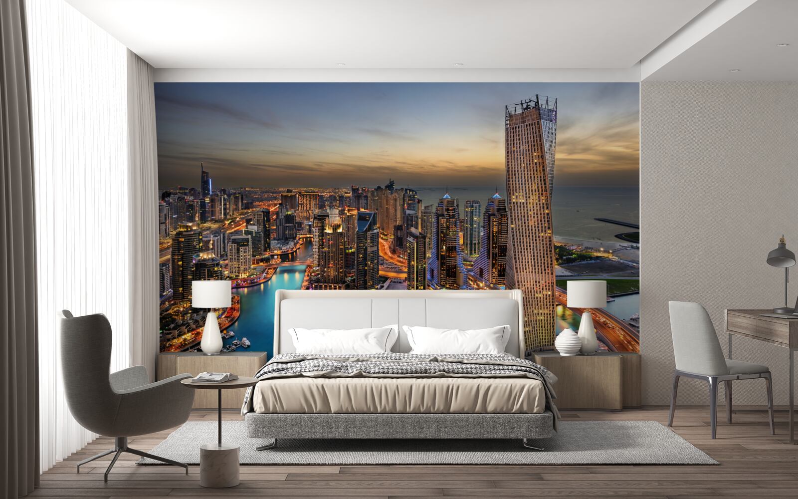 Carta da parati skyline di edifici serali a dubai
