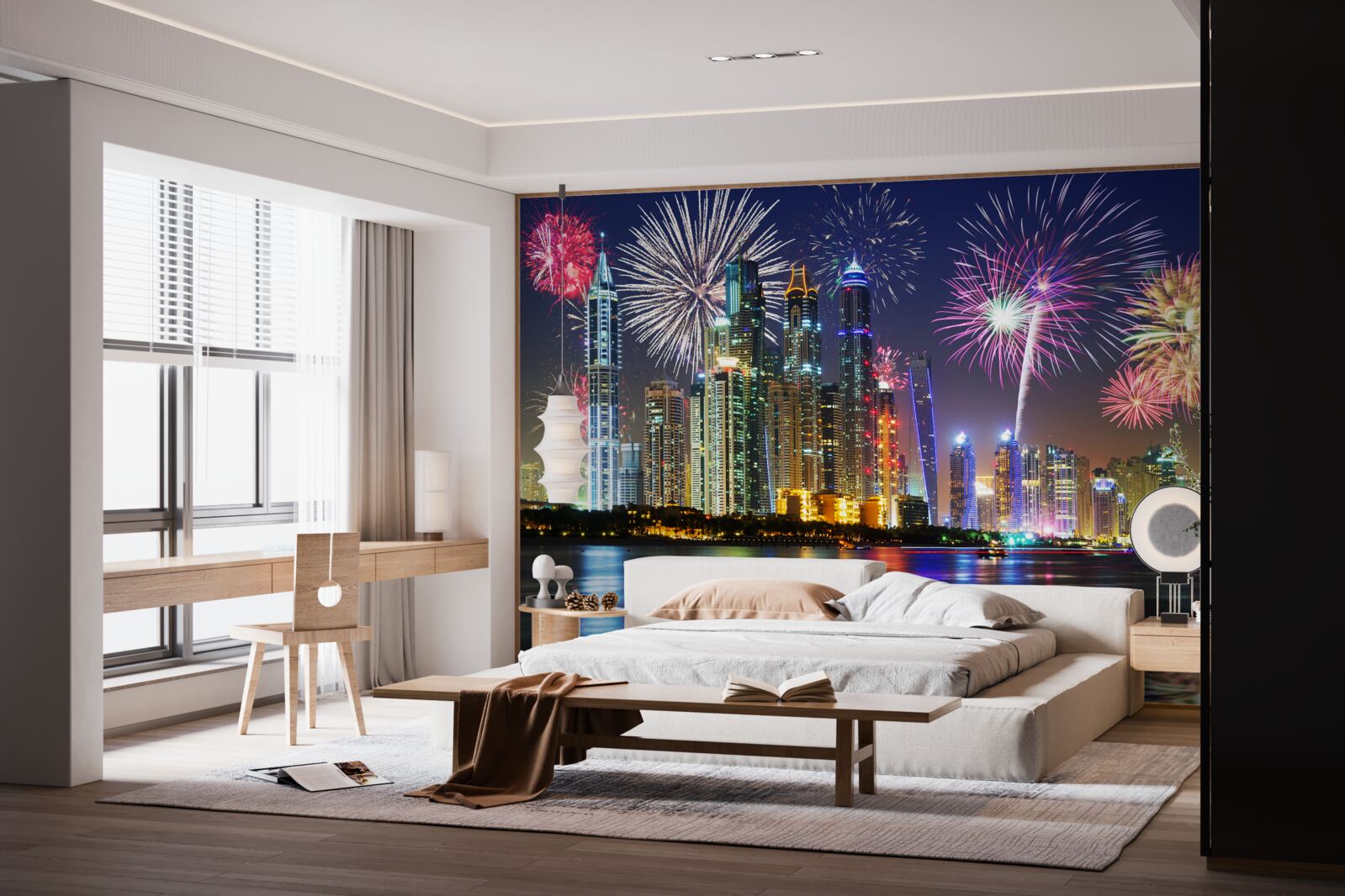 Carta da parati fuochi d'artificio luminosi nel cielo della città