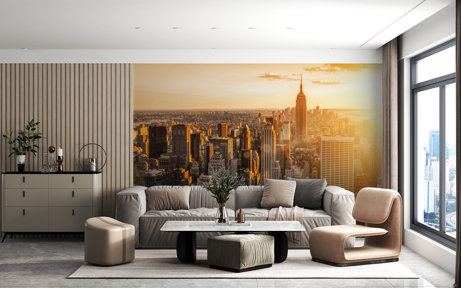 Carta da parati i grattacieli di new york alla luce del tramonto
