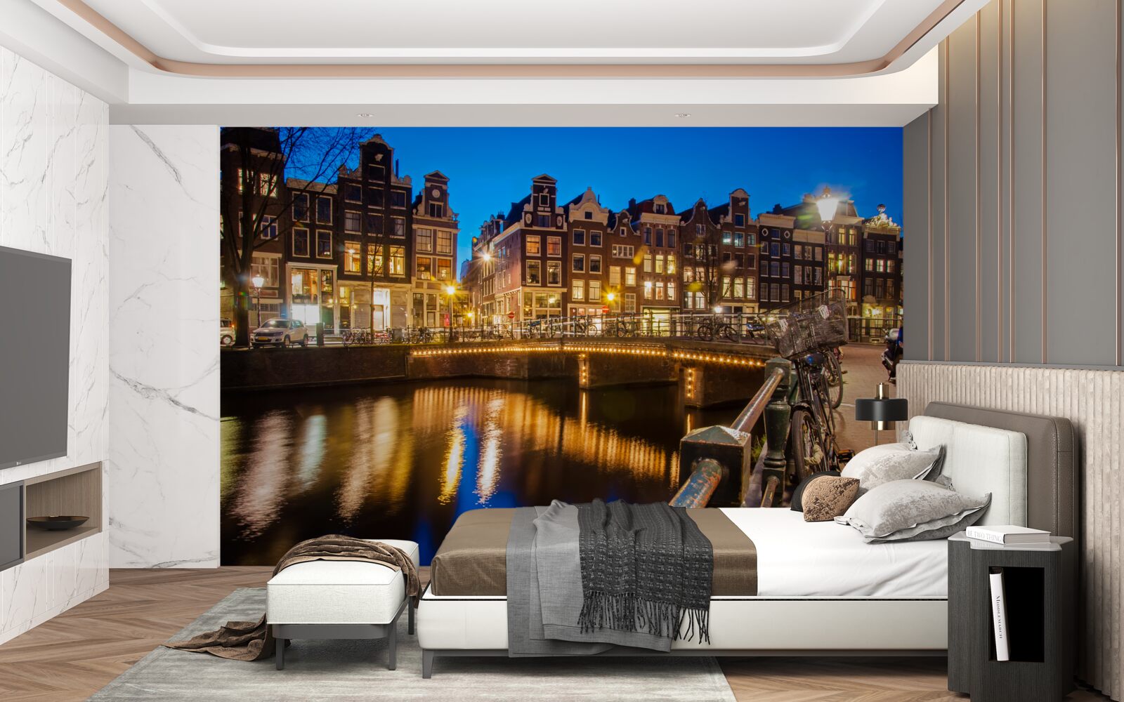 Carta da parati riflesso di Amsterdam nell'acqua di notte