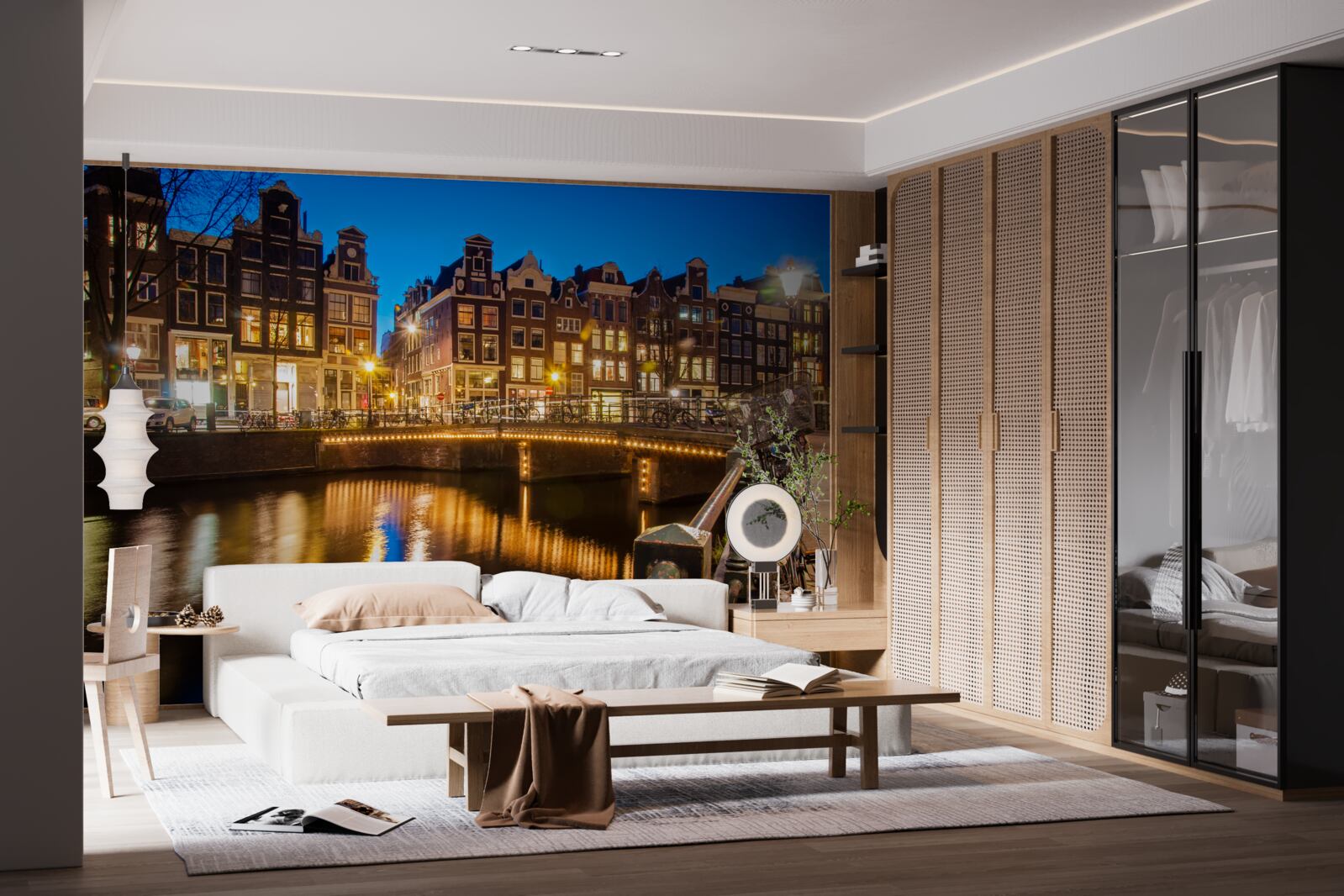 Carta da parati riflesso di Amsterdam nell'acqua di notte