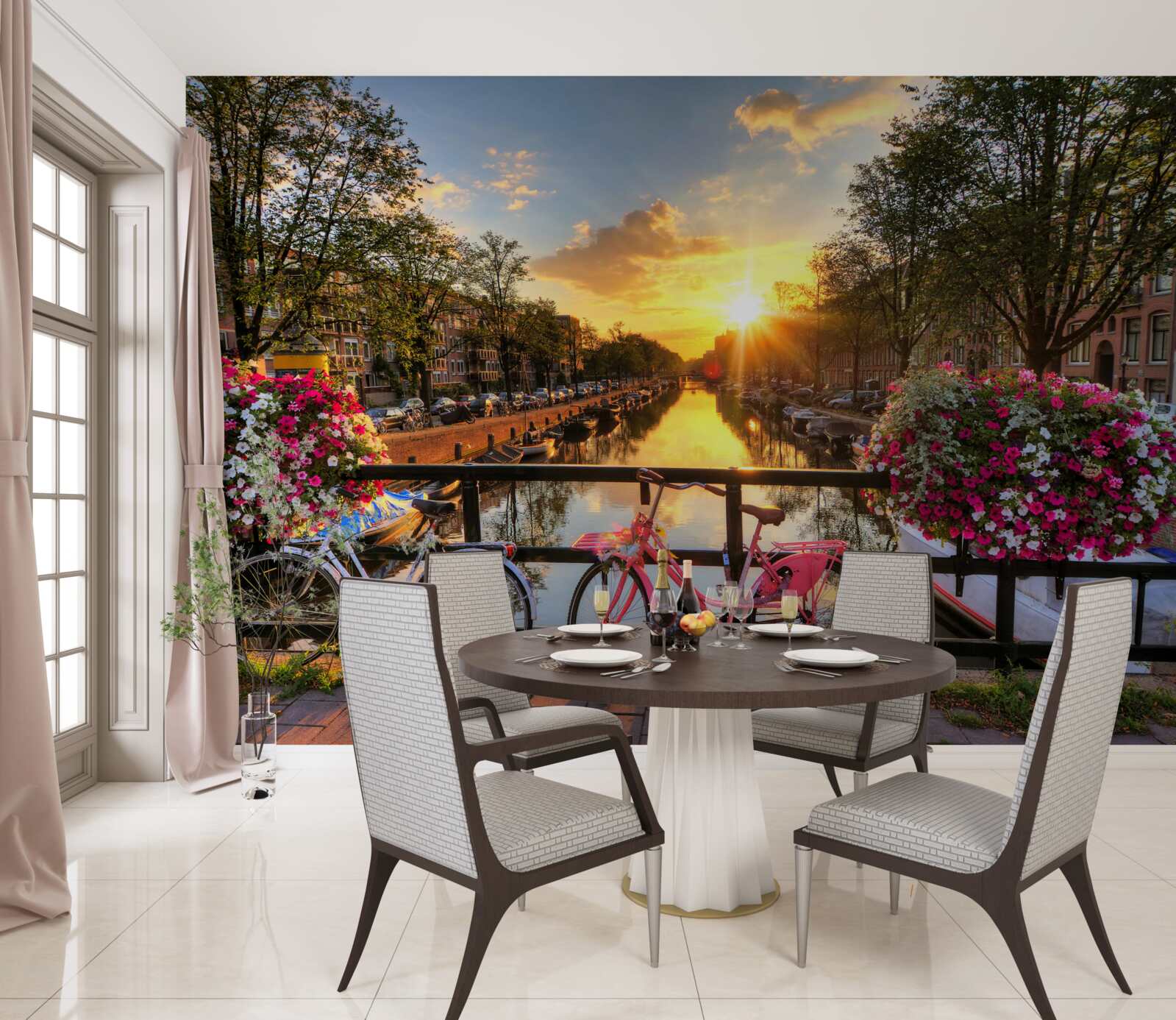 Carta da parati tramonto ad amsterdam con biciclette sullo sfondo