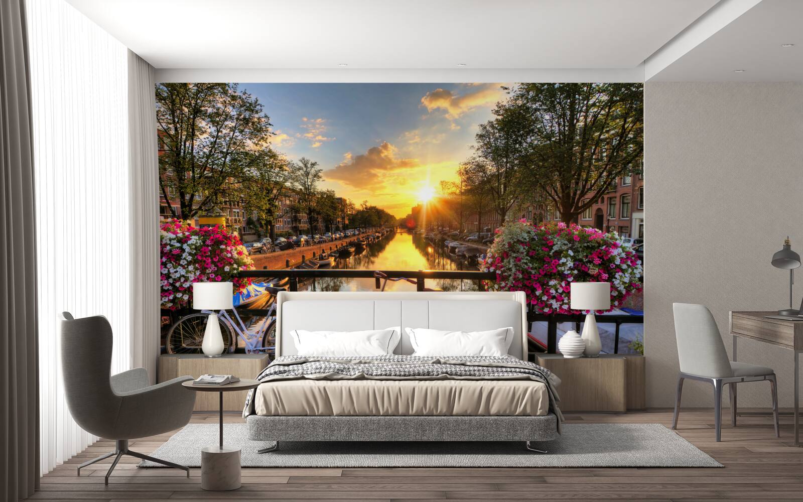 Carta da parati tramonto ad amsterdam con biciclette sullo sfondo