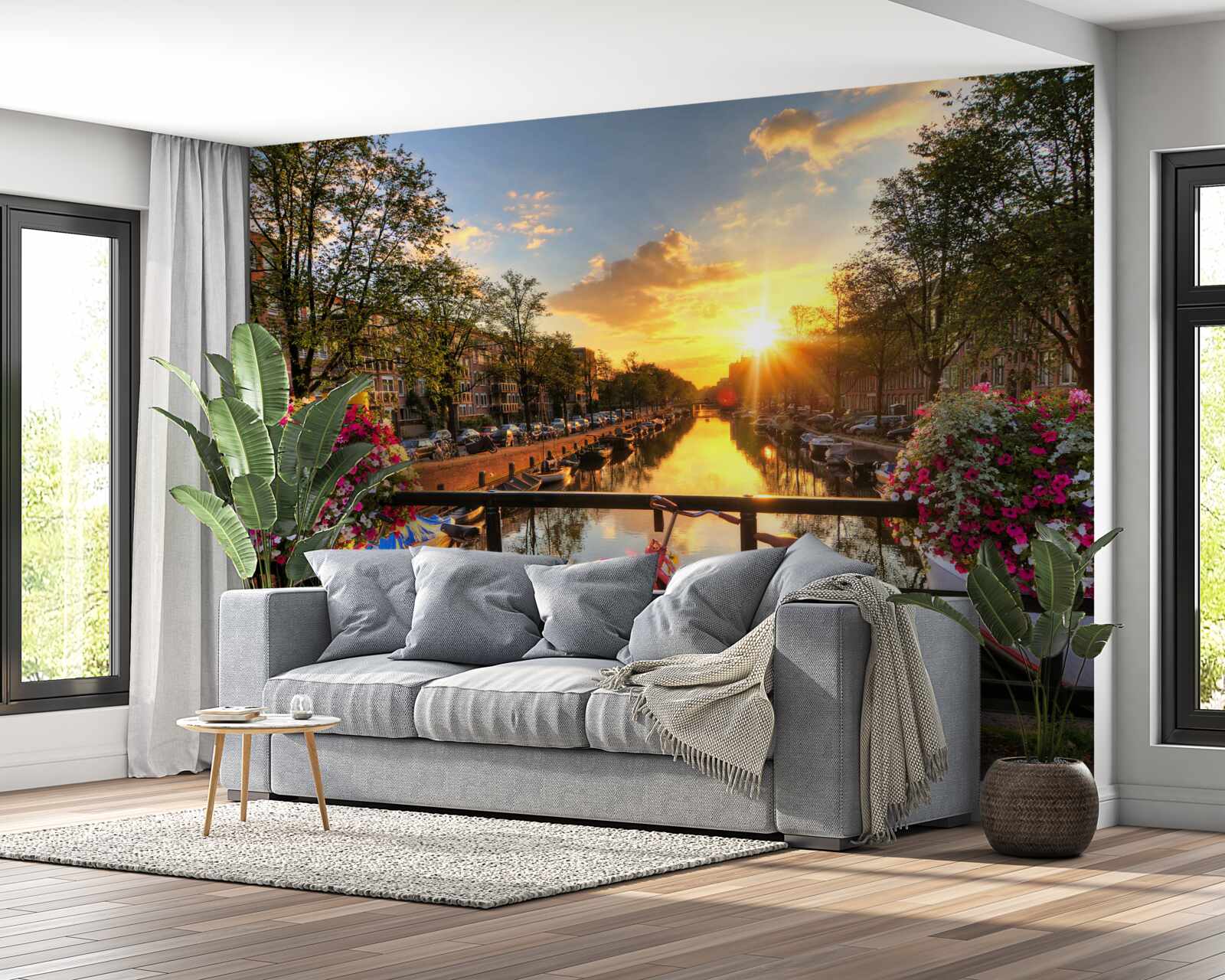 Carta da parati tramonto ad amsterdam con biciclette sullo sfondo