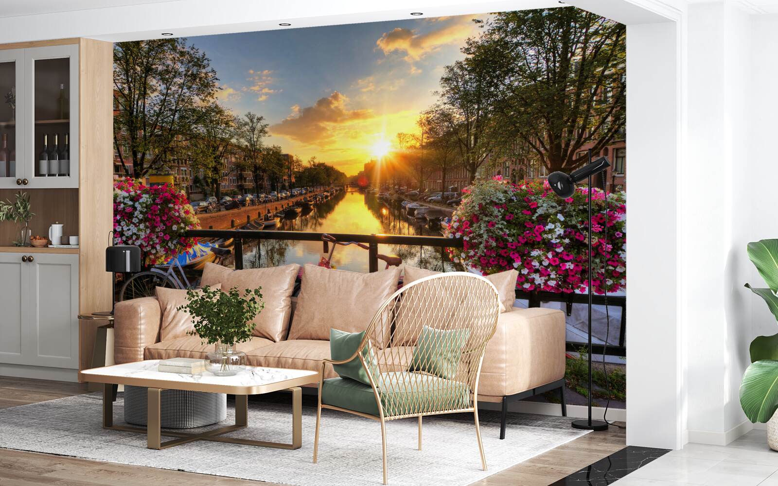 Carta da parati tramonto ad amsterdam con biciclette sullo sfondo