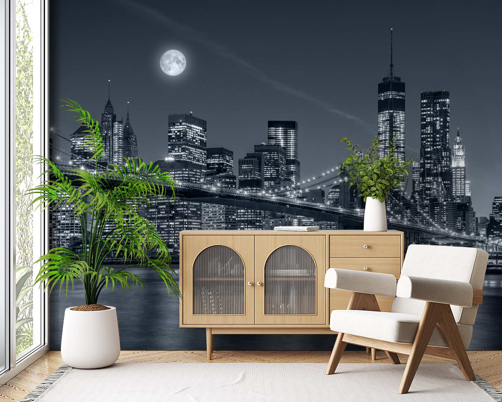 Carta da parati New York in bianco e nero alla luce della luna piena