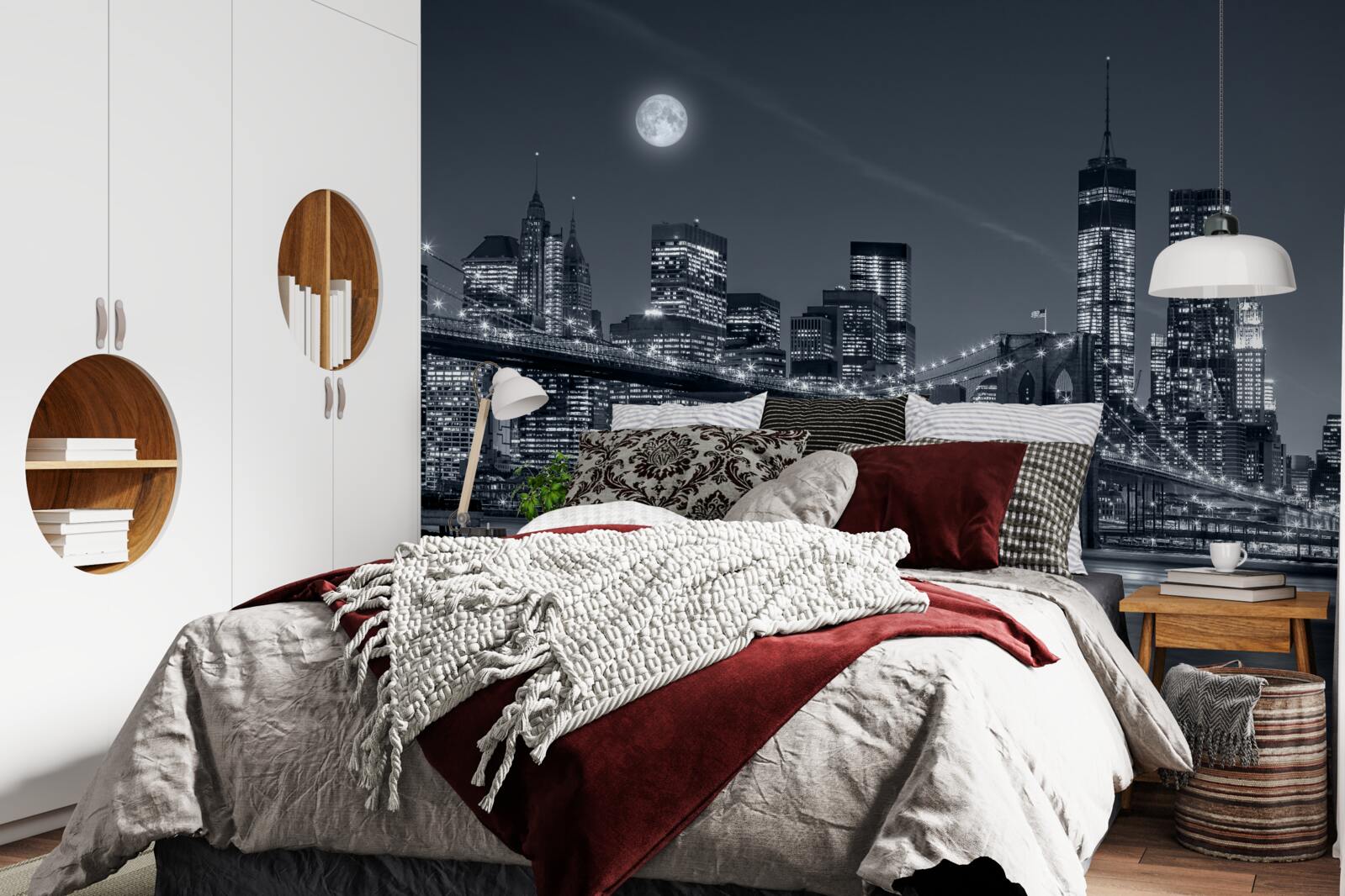 Carta da parati New York in bianco e nero alla luce della luna piena