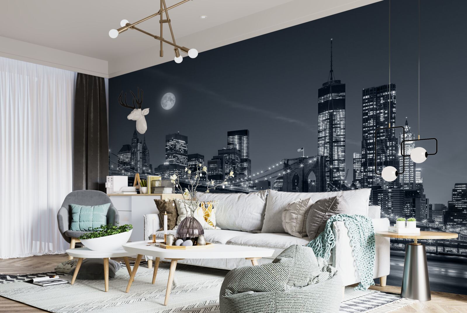 Carta da parati New York in bianco e nero alla luce della luna piena