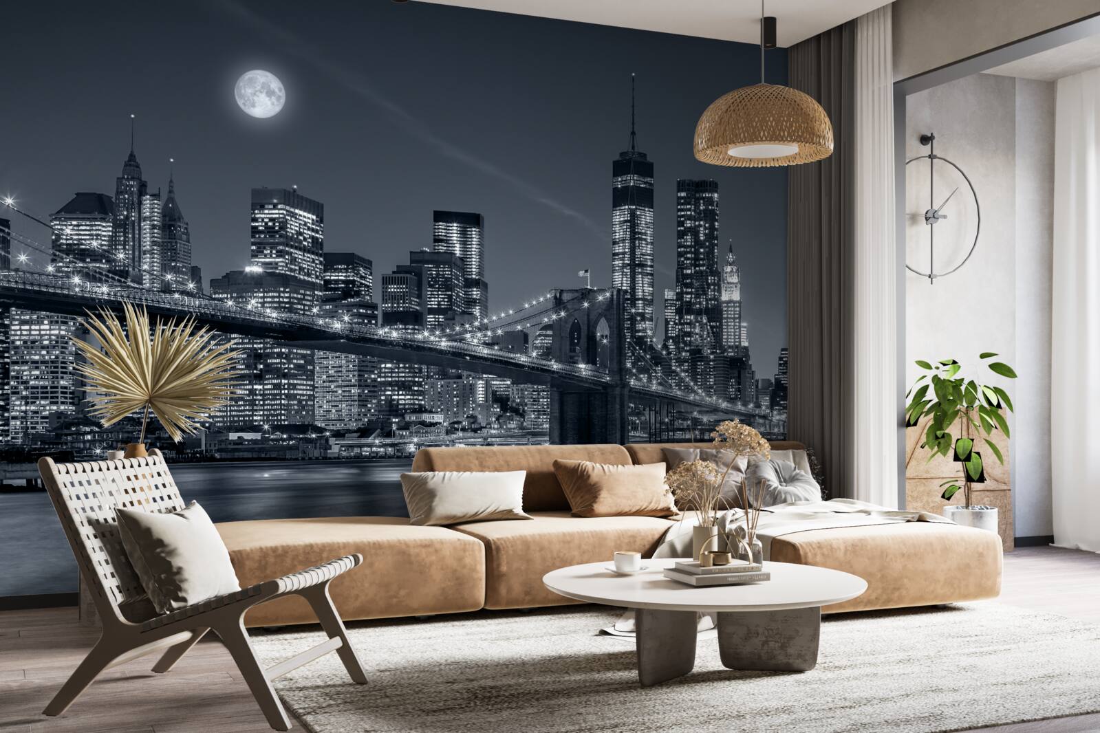 Carta da parati New York in bianco e nero alla luce della luna piena