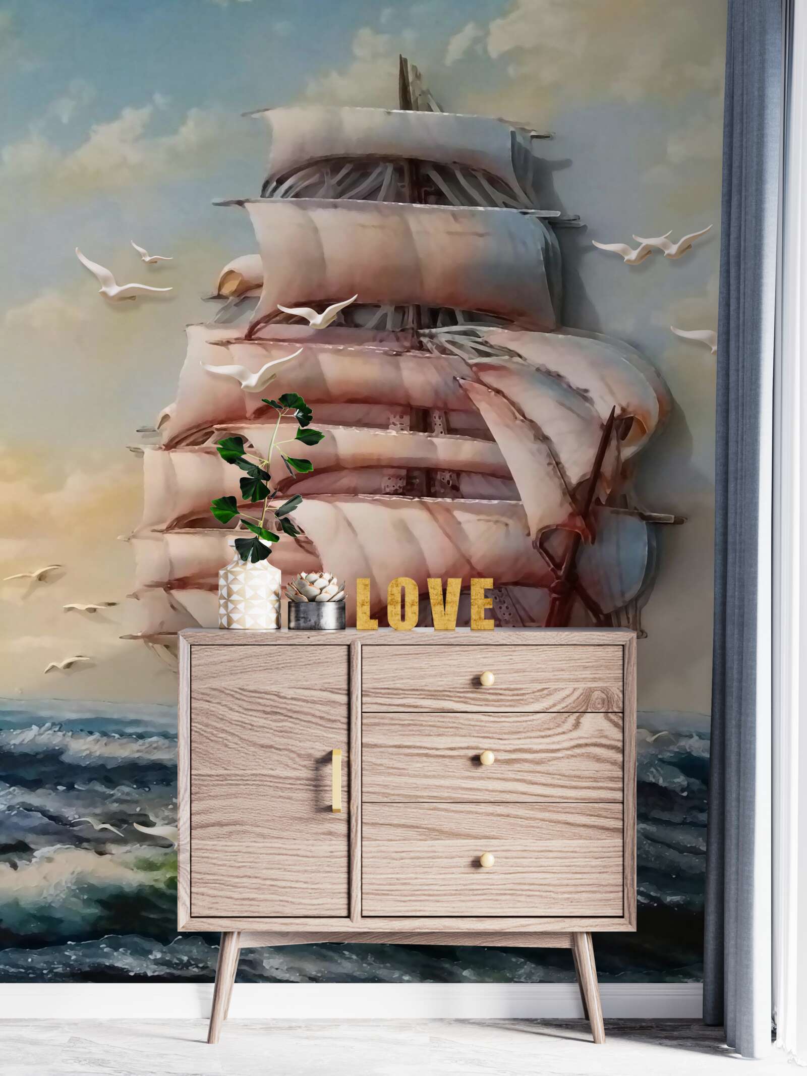 Carta da parati elegante nave con vele in tempesta