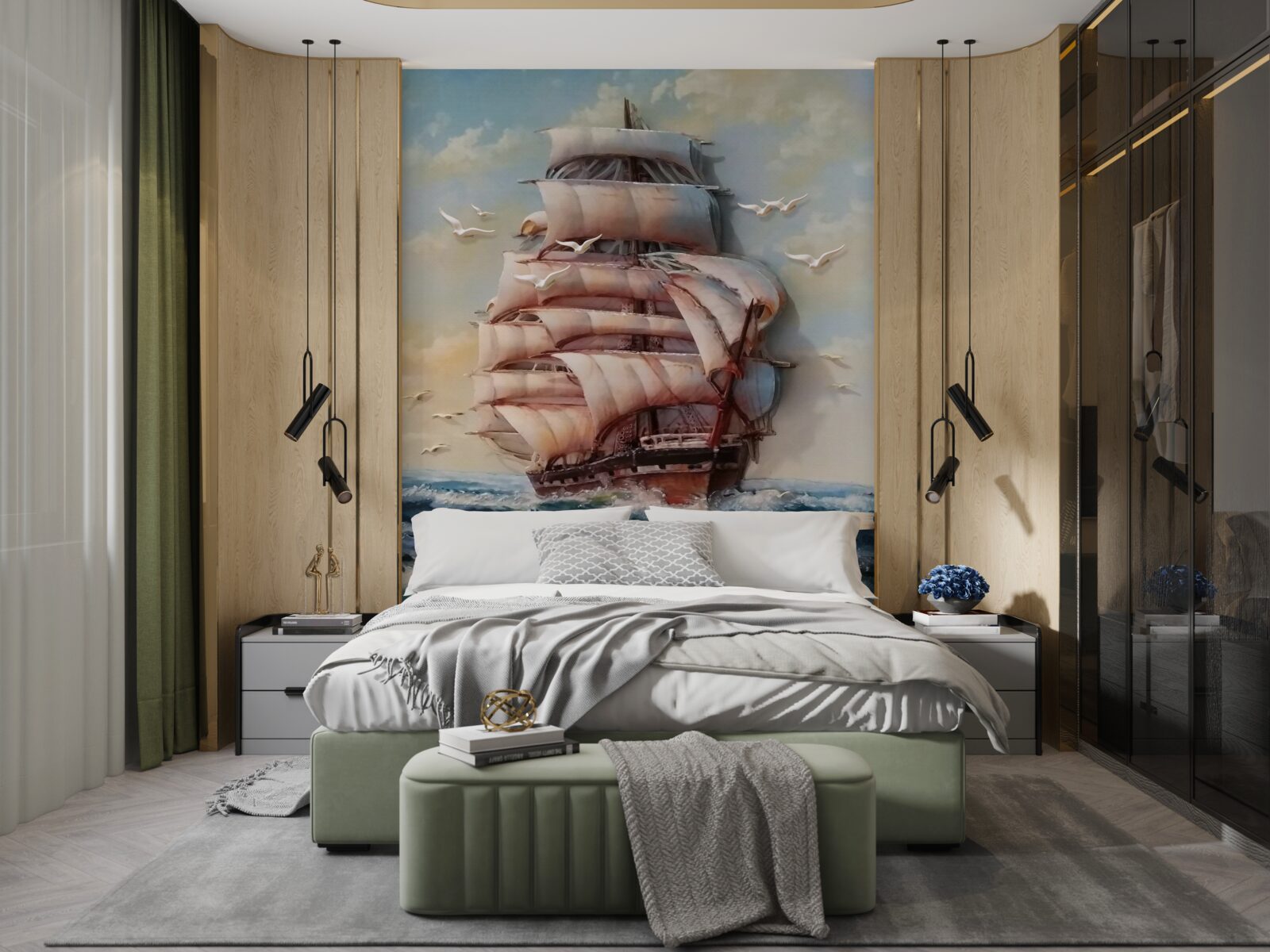 Carta da parati elegante nave con vele in tempesta