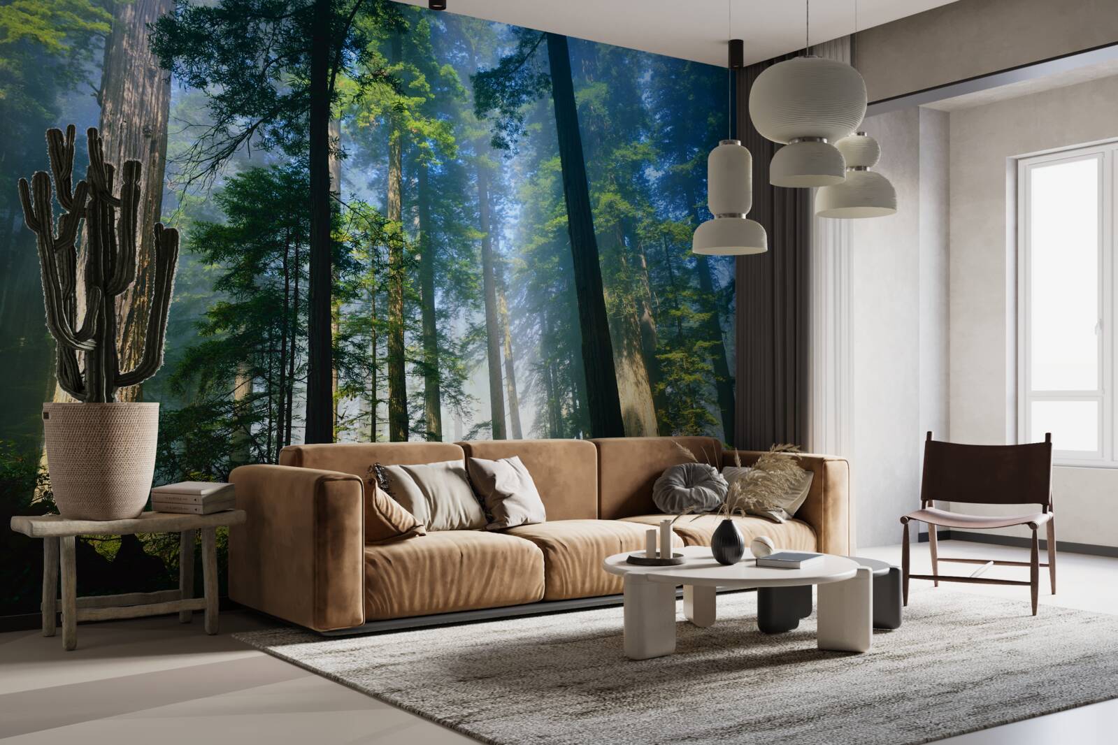 Carta da parati foresta mista coperta di nebbia