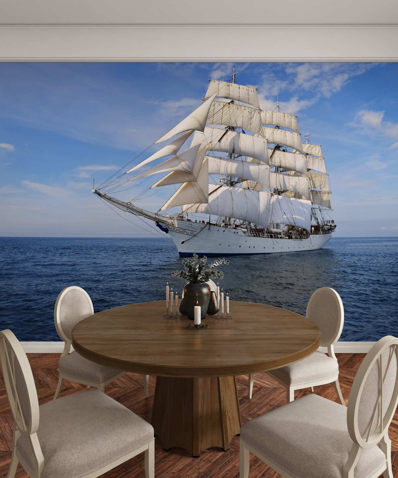 Carta da parati una nave con le vele su un mare calmo