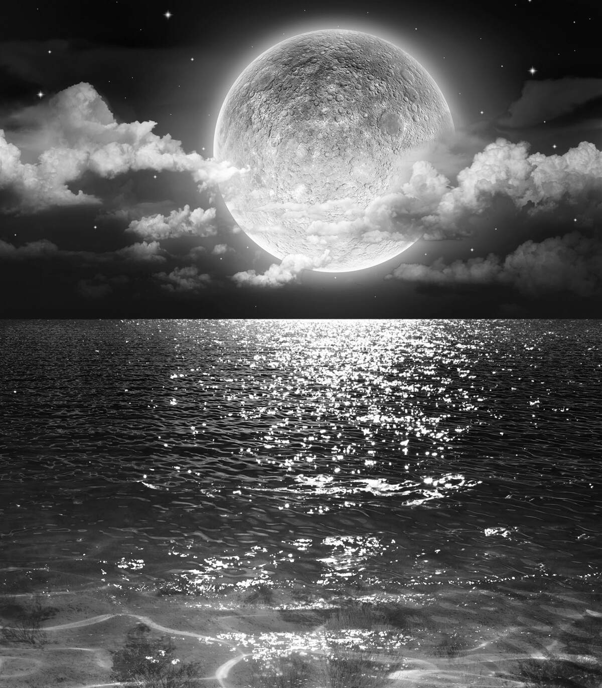 Carta da parati tramonto sul mare sulla luna con ombra in bianco e nero