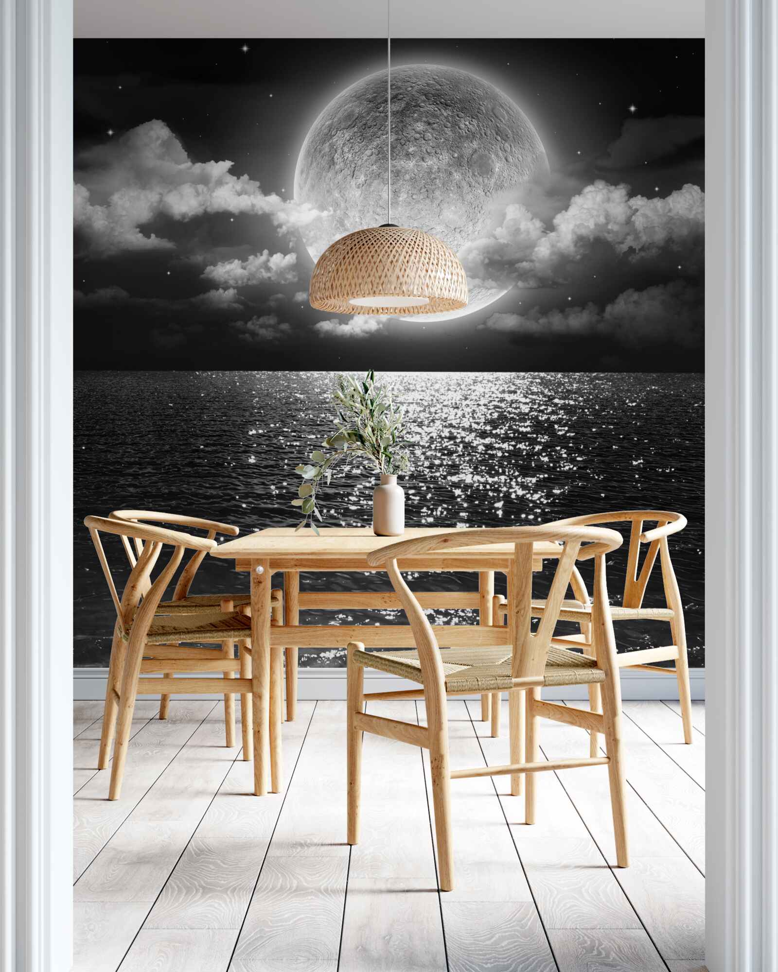 Carta da parati tramonto sul mare sulla luna con ombra in bianco e nero