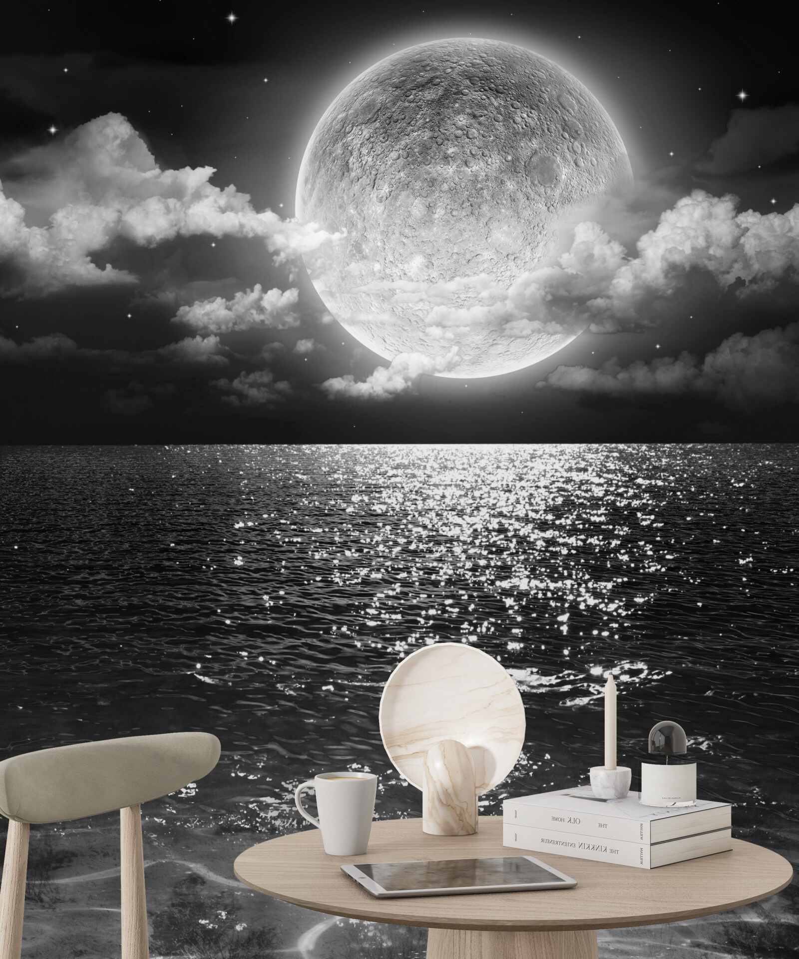 Carta da parati tramonto sul mare sulla luna con ombra in bianco e nero