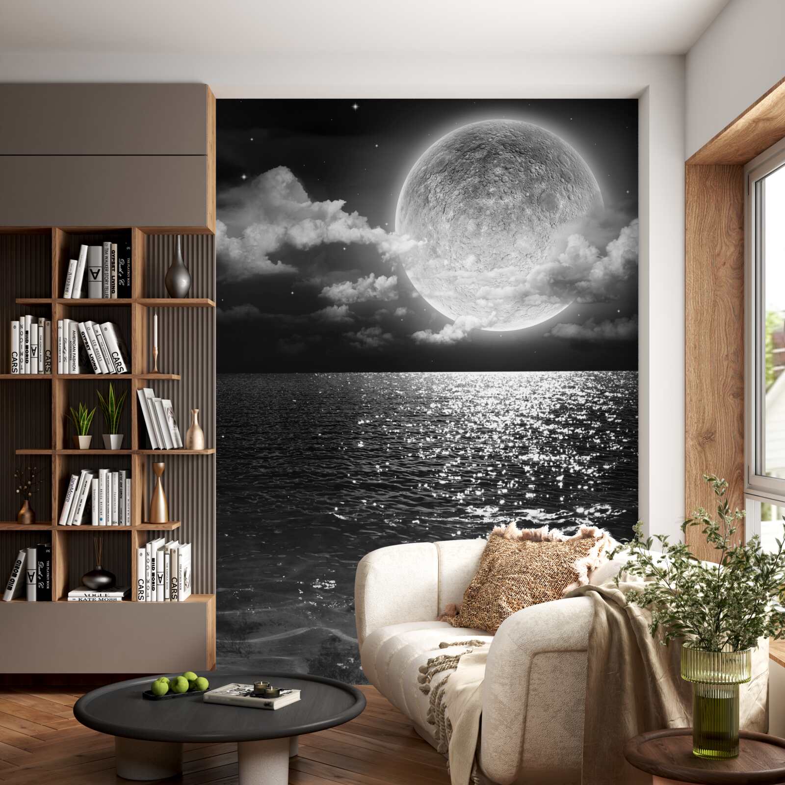 Carta da parati tramonto sul mare sulla luna con ombra in bianco e nero