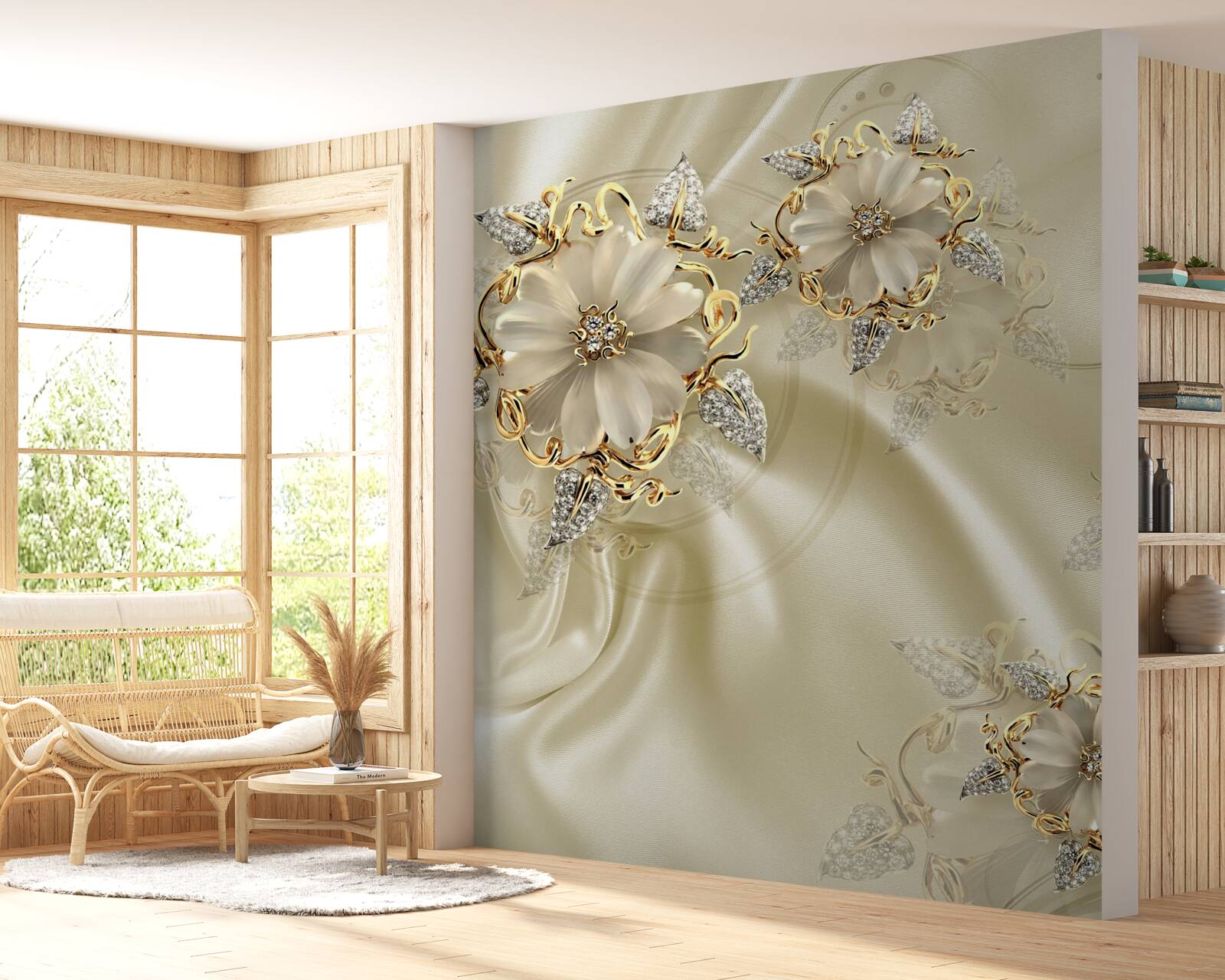 Carta da parati gemello a forma di fiore con petali su tessuto di seta beige