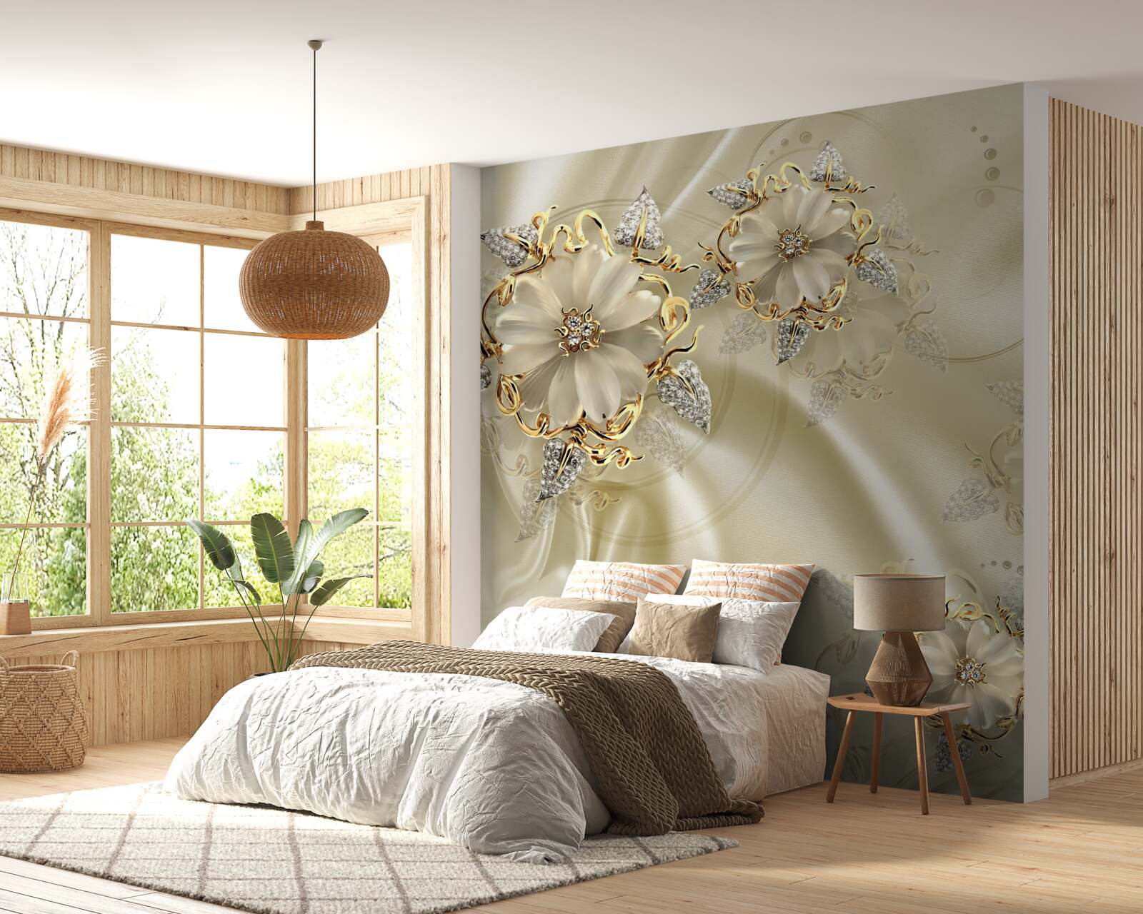 Carta da parati gemello a forma di fiore con petali su tessuto di seta beige