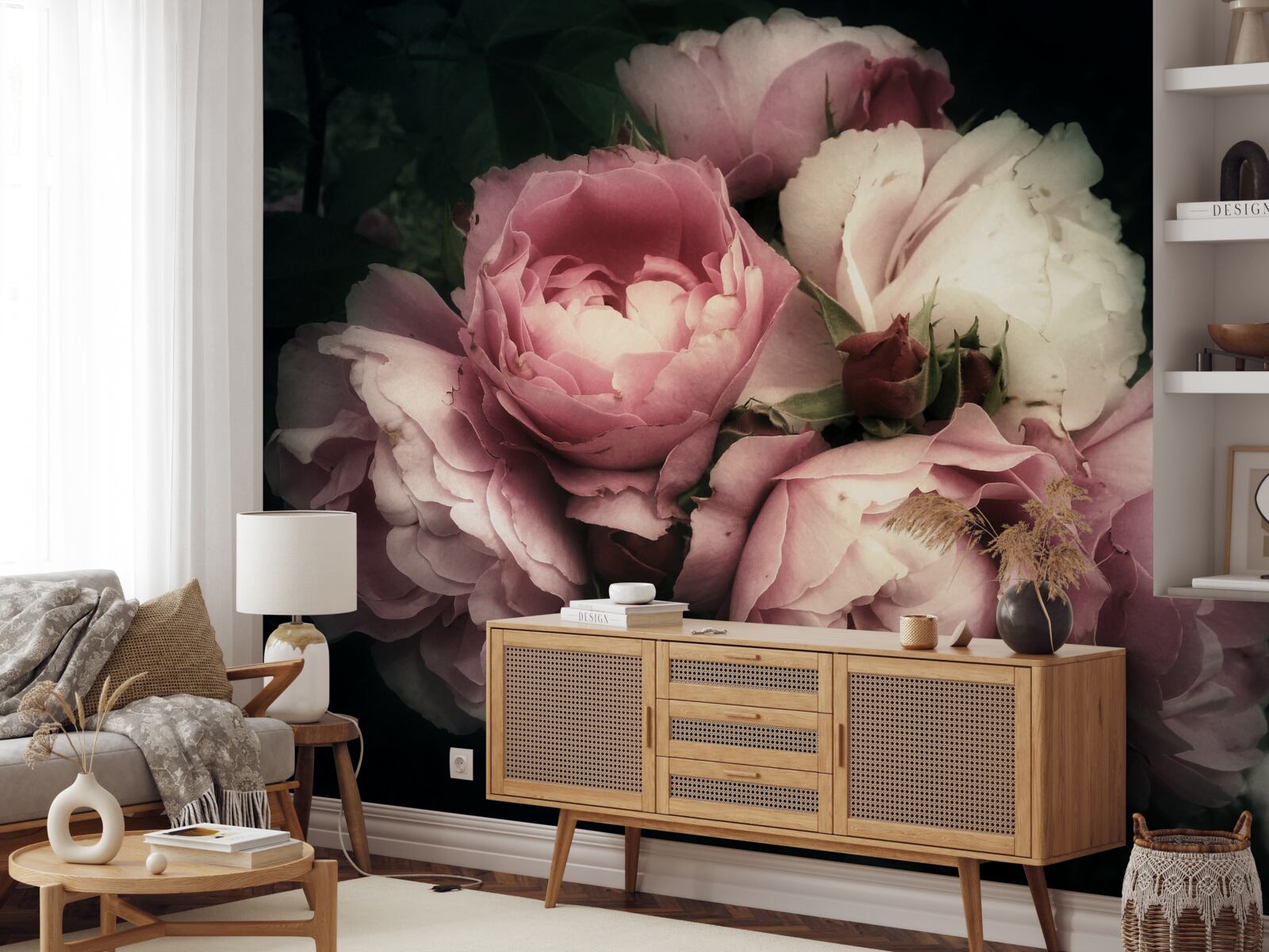 Carta da parati peonie rosa chiaro su sfondo scuro