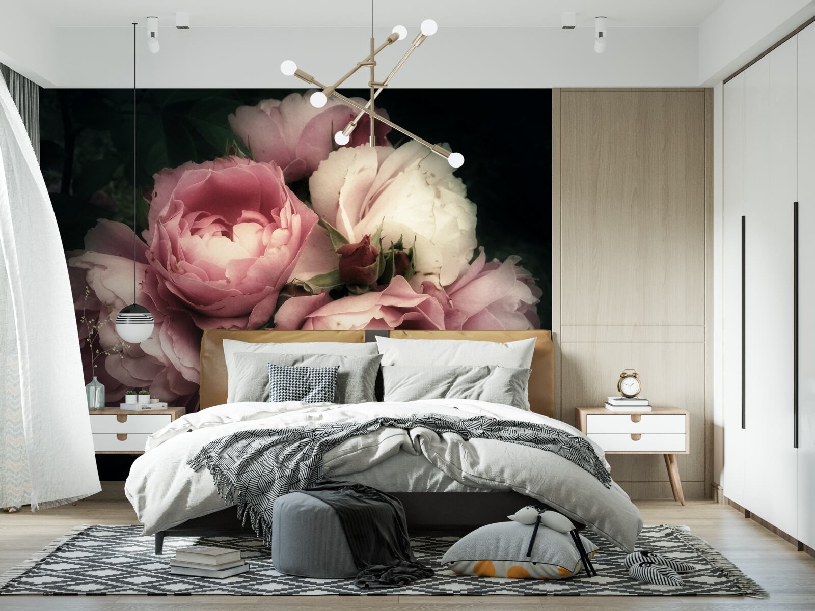 Carta da parati peonie rosa chiaro su sfondo scuro