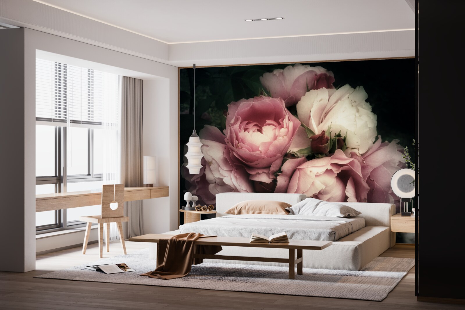 Carta da parati peonie rosa chiaro su sfondo scuro