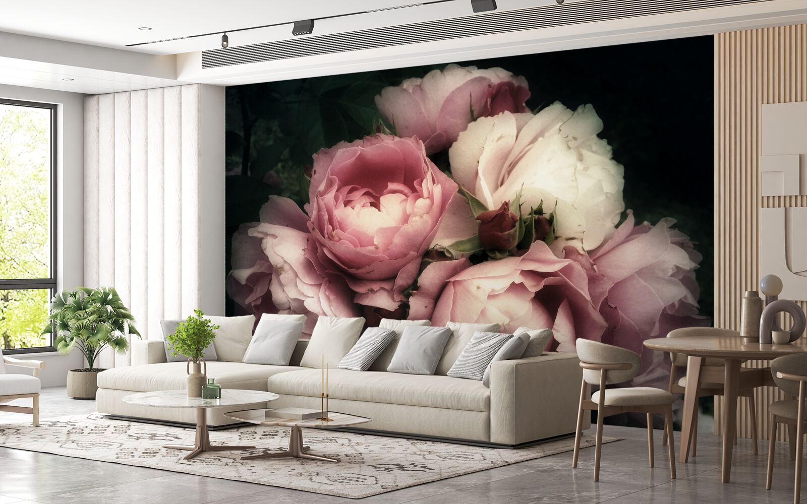 Carta da parati peonie rosa chiaro su sfondo scuro