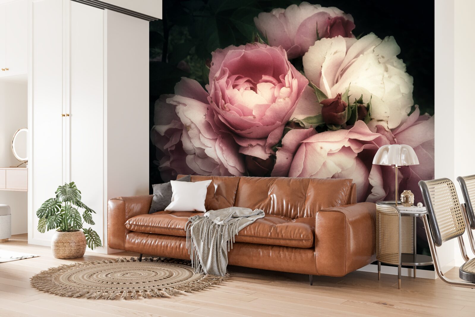 Carta da parati peonie rosa chiaro su sfondo scuro