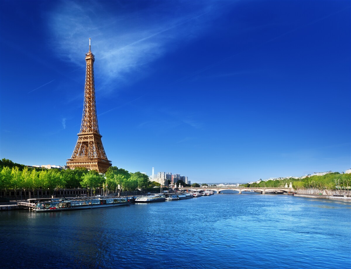 Carta da parati panorama della torre eiffel dalla riva opposta