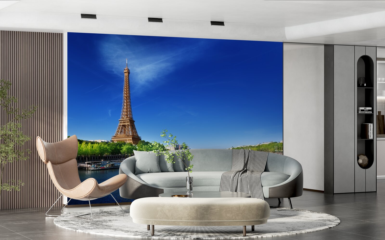 Carta da parati panorama della torre eiffel dalla riva opposta