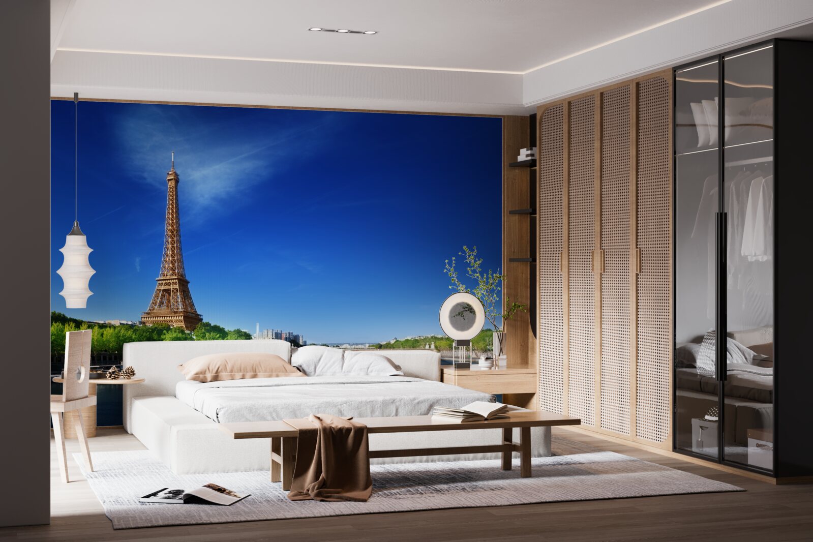 Carta da parati panorama della torre eiffel dalla riva opposta