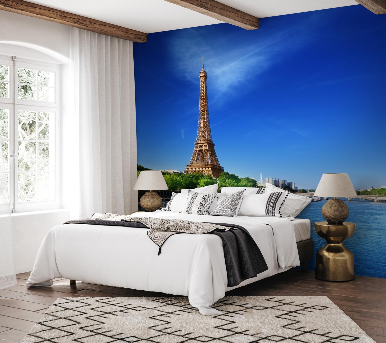 Carta da parati panorama della torre eiffel dalla riva opposta