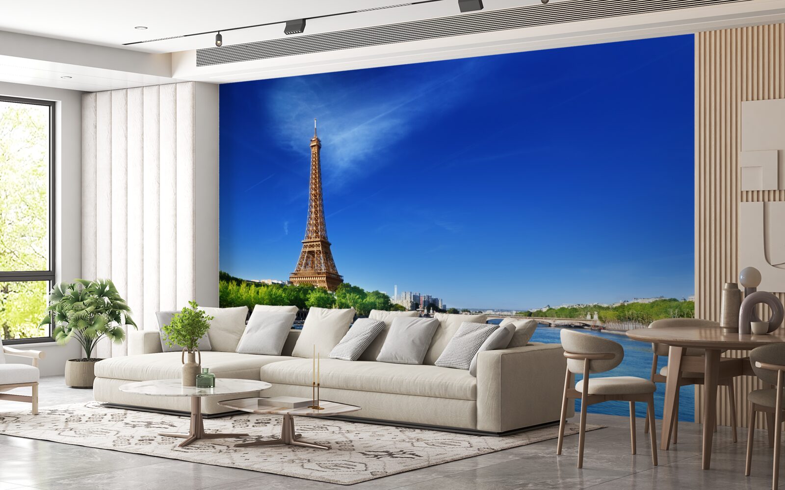 Carta da parati panorama della torre eiffel dalla riva opposta
