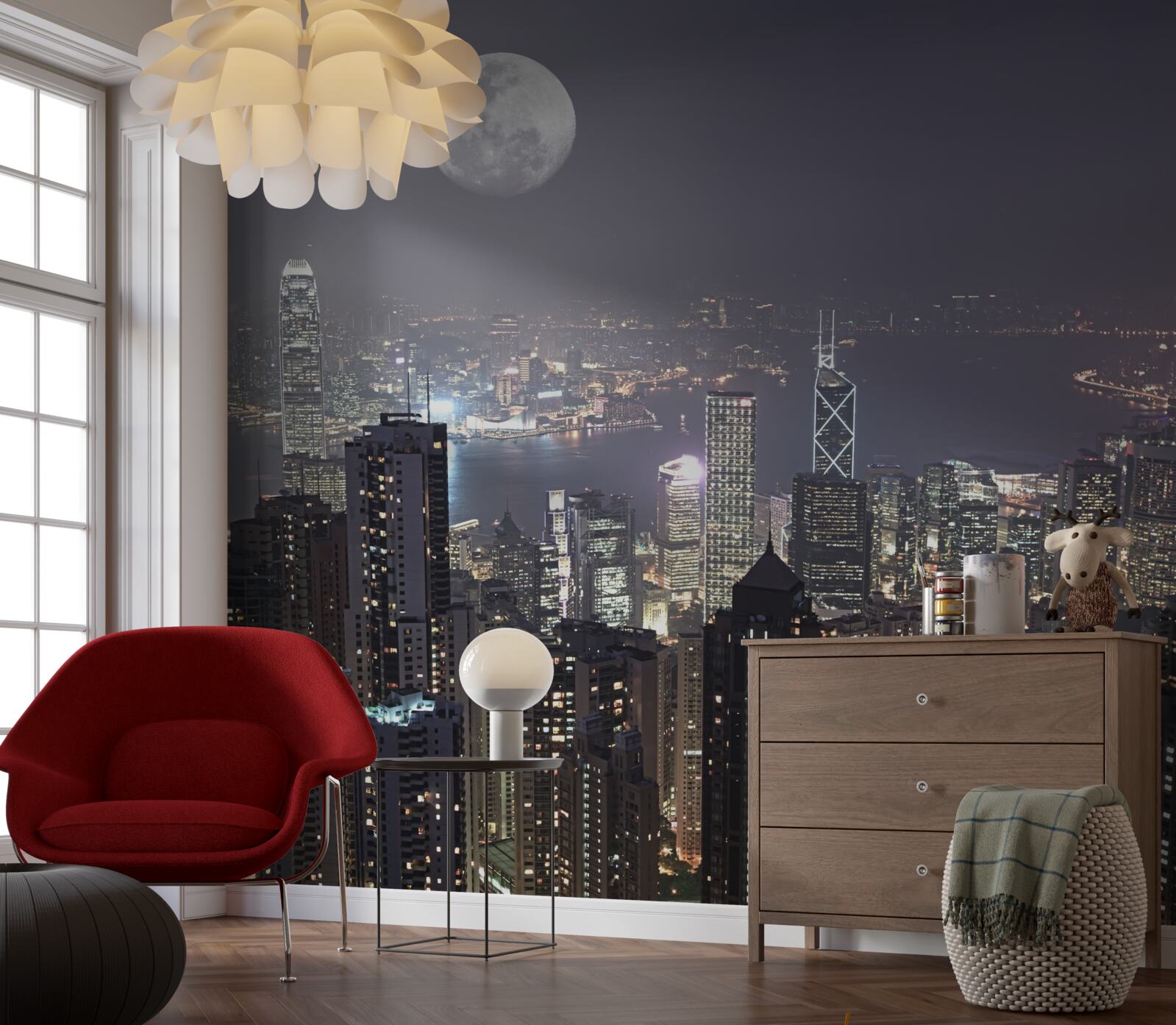 Carta da parati La luna di mezzanotte si staglia su hong kong