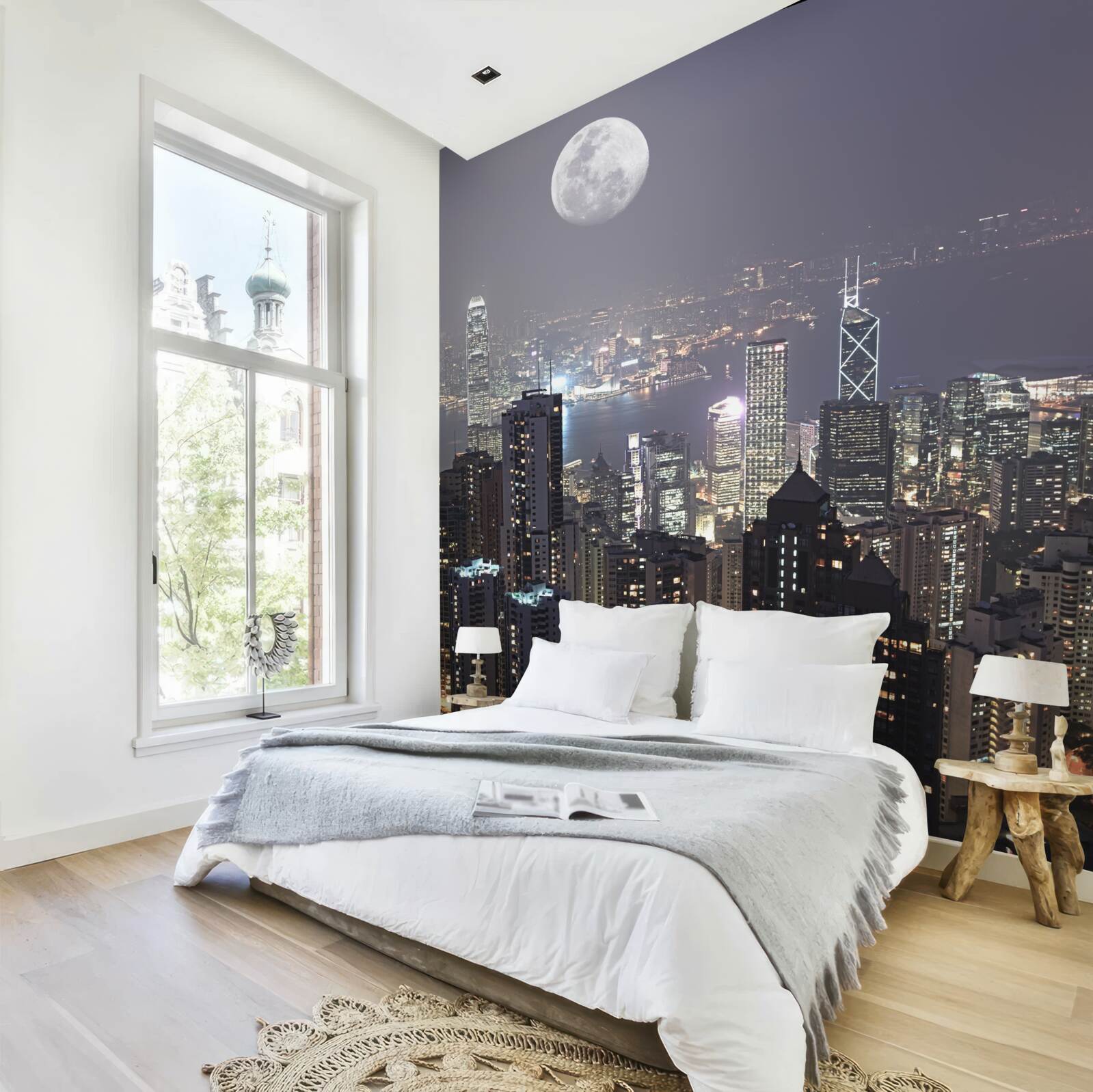 Carta da parati La luna di mezzanotte si staglia su hong kong