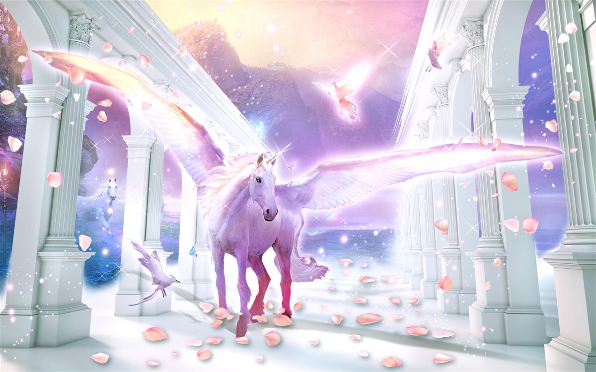 Carta da parati un unicorno magico che fluttua nel cielo