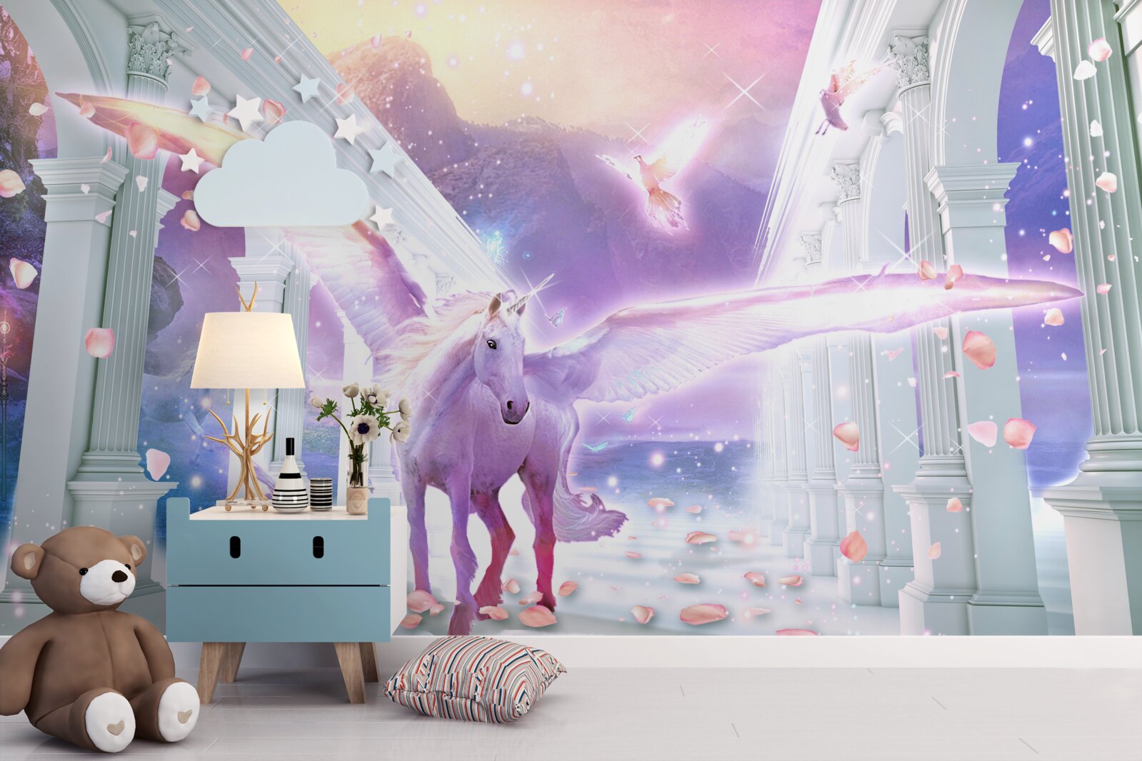 Carta da parati un unicorno magico che fluttua nel cielo