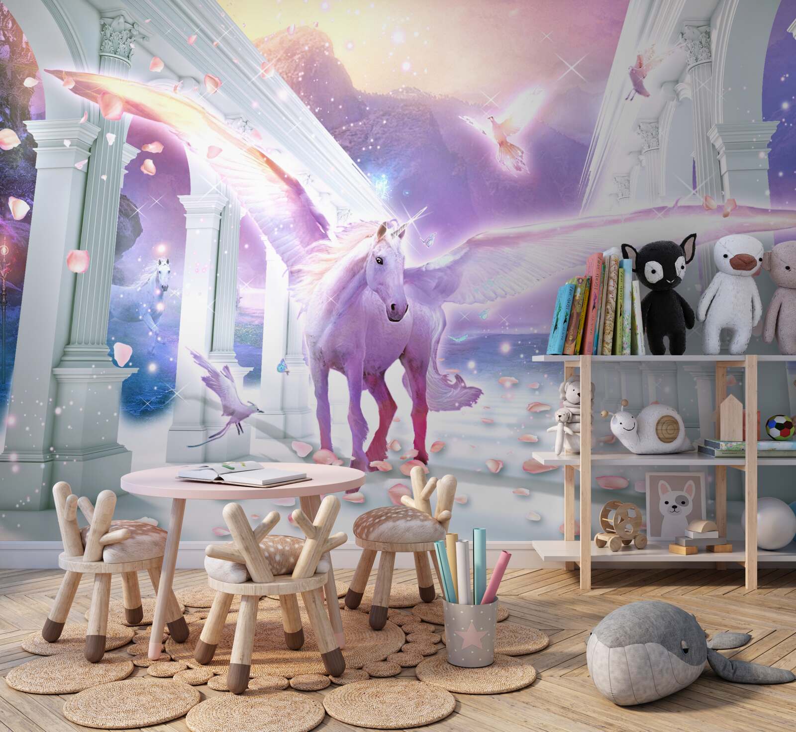 Carta da parati un unicorno magico che fluttua nel cielo