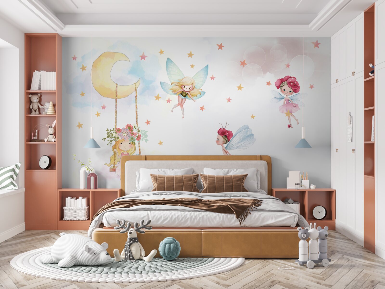 Carta da parati bambino sull'altalena e creature magiche