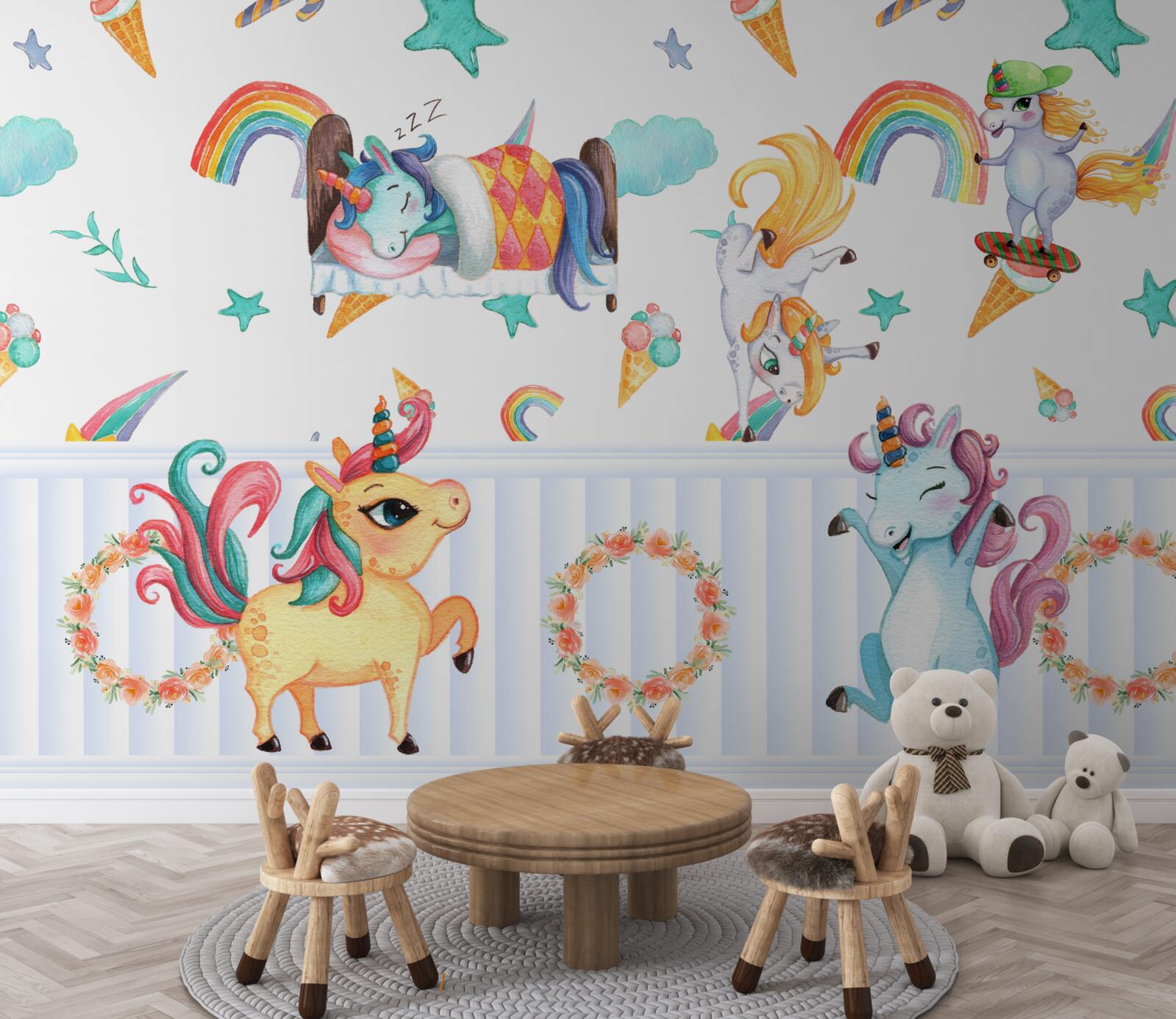 Carta da parati unicorni, preoccupati per i loro affari, in diversi colori